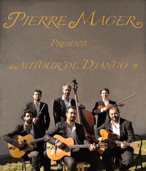 affiche du groupe de musique de jazz manouche "autour de django", prestations musicales, concerts, festival, mariage, coktail, séminaires, évenementiels.