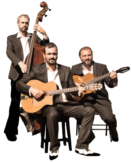 Band of gypsy jazz for wedding, cocktail, musical animation, diners. Pierre Mager trio, with Mathieu Chatelain and Carl Cordelier.